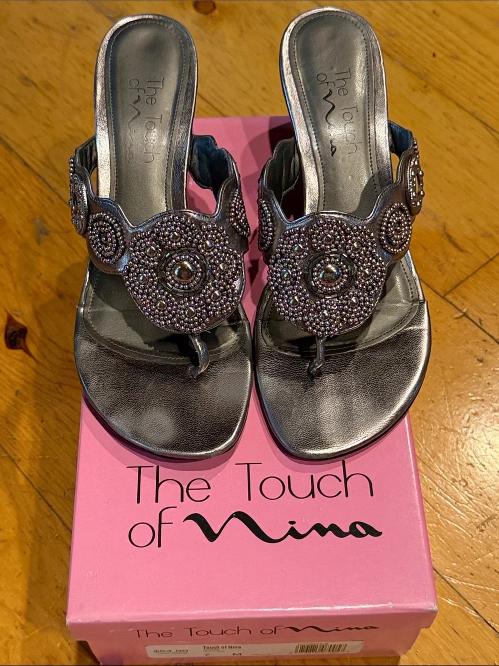 Touch of Nina Gunmetal Metallic Silver Beaded Sandals